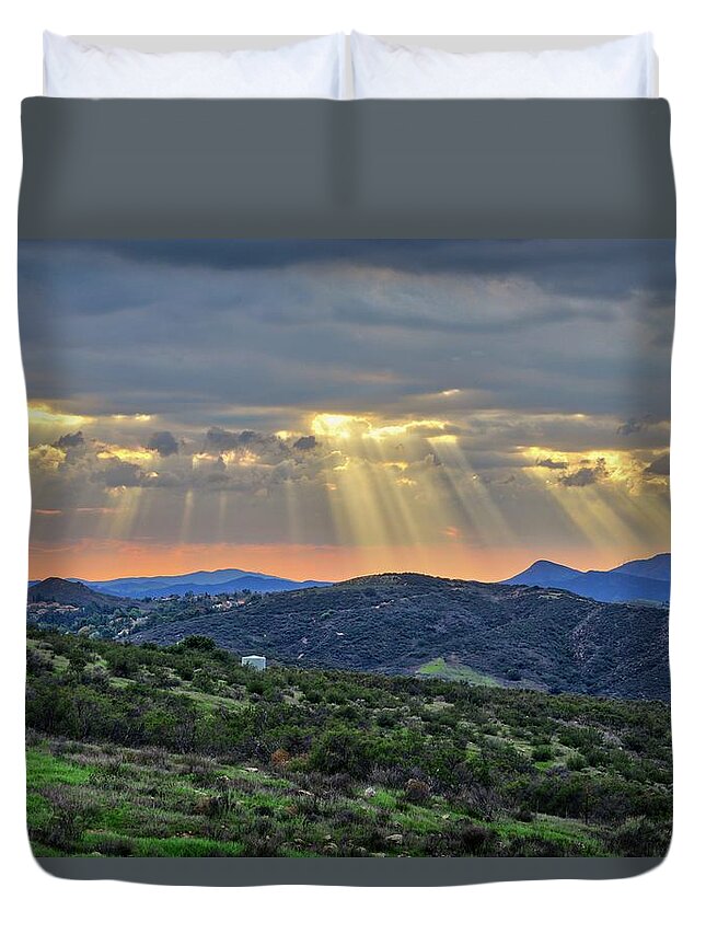 Ventura County Duvet Cover featuring the photograph Sunbeams Over Moorpark Hills by Lynn Bauer