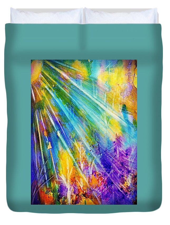Forest Duvet Cover featuring the painting Psychedelic Forest Sunburst by Ellen Levinson