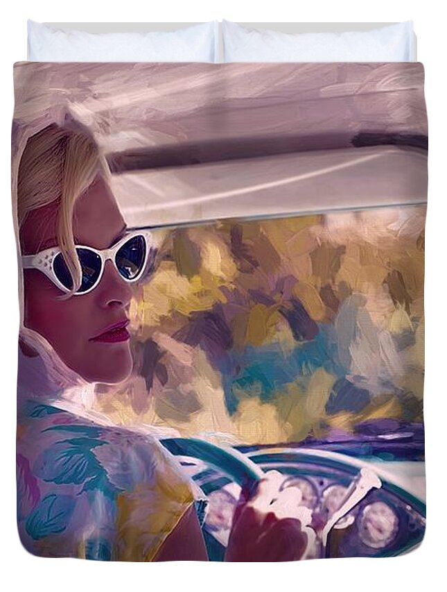 Sunday Drive # Elegant Woman # Vintage Painting # Vintage Car #retro # Duvet Cover featuring the painting Sunday drive by Louis Ferreira