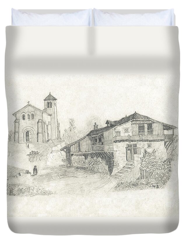 England Duvet Cover featuring the drawing Sunday Service - no borders by Donna L Munro