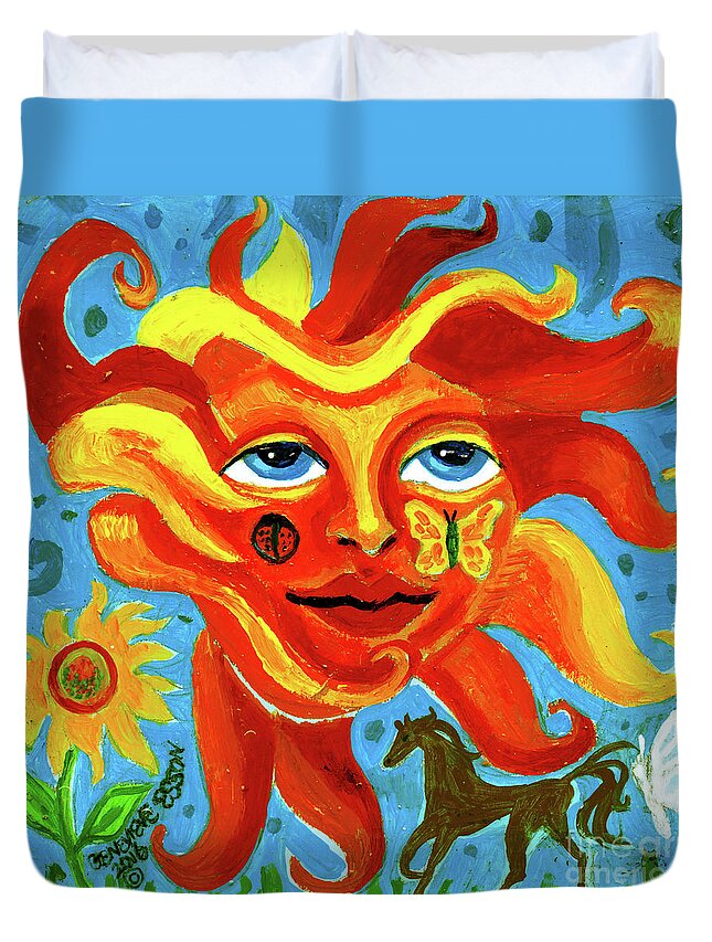 Sun Duvet Cover featuring the painting Sunface With Butterfly And Horse by Genevieve Esson