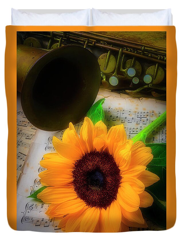 One Duvet Cover featuring the photograph Sunflower And Saxophone by Garry Gay
