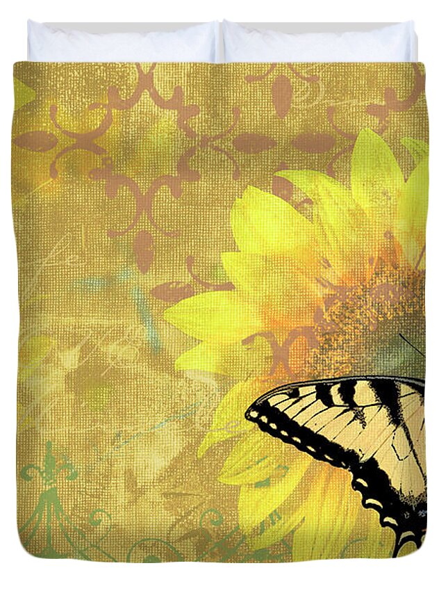 Butterfly Duvet Cover featuring the painting Sunflower Butterfly Yellow Gold by JQ Licensing