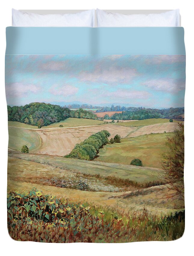 Sunflowers Duvet Cover featuring the painting Sunflower Morning - Sunflower Farm in Botetourt Virginia by Bonnie Mason
