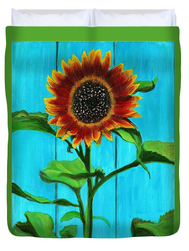 Sunflower Duvet Cover featuring the painting Sunflower On Blue by Debbie Brown
