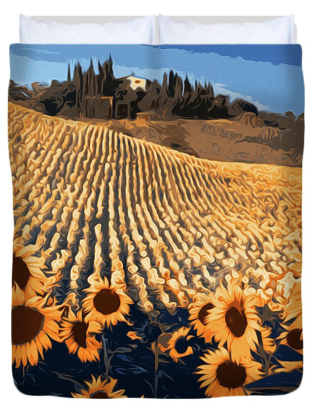 Sunflower Landscape Duvet Cover featuring the painting Sunflower Paradise by AM FineArtPrints