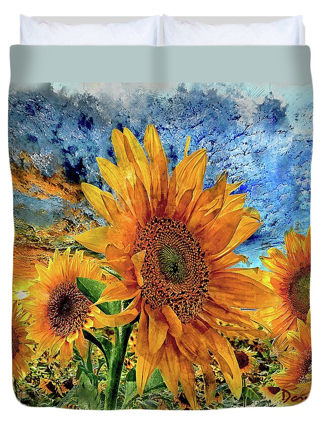 Sunflower Duvet Cover featuring the mixed media Sunflower Party by Dave Lee
