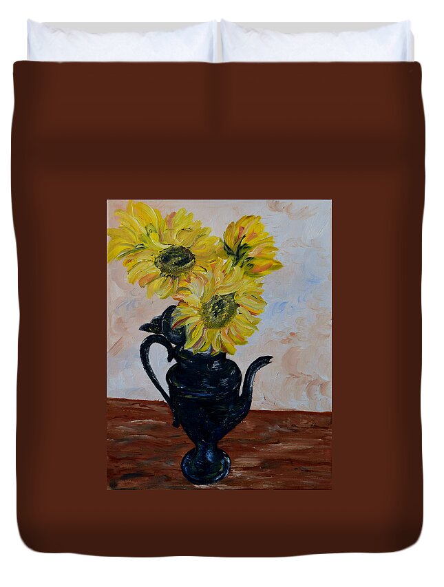 Sunflower Duvet Cover featuring the painting Sunflower still life by Outside the door By Patt
