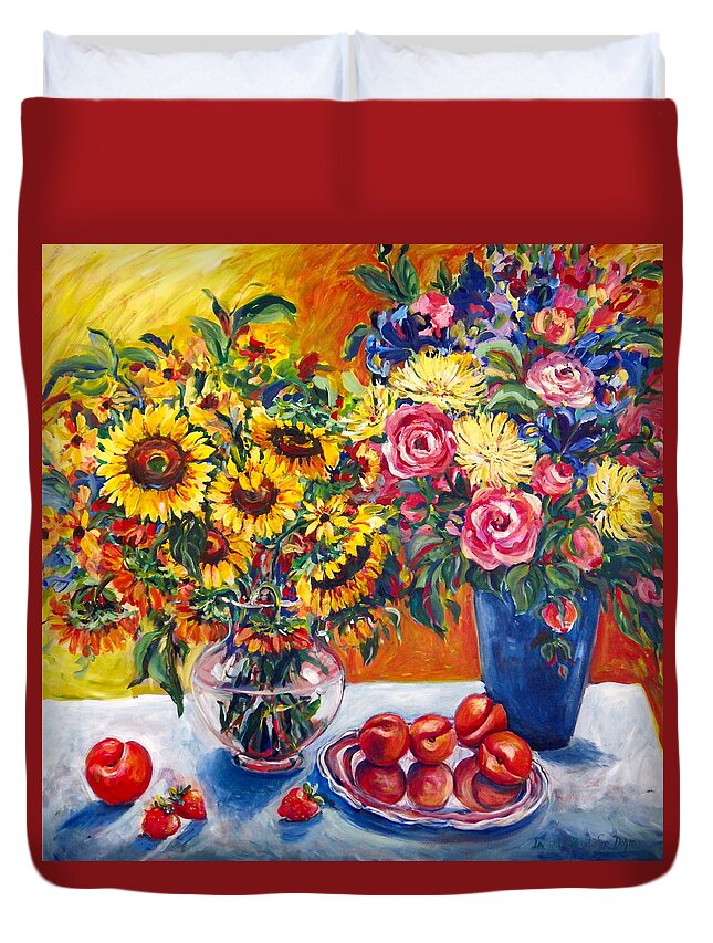 Flowers Duvet Cover featuring the painting Sunflowers and Plums by Ingrid Dohm