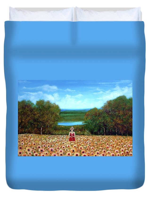 Landscape Duvet Cover featuring the painting Sunflowers at Lake Wallenpaupack by Leonardo Ruggieri