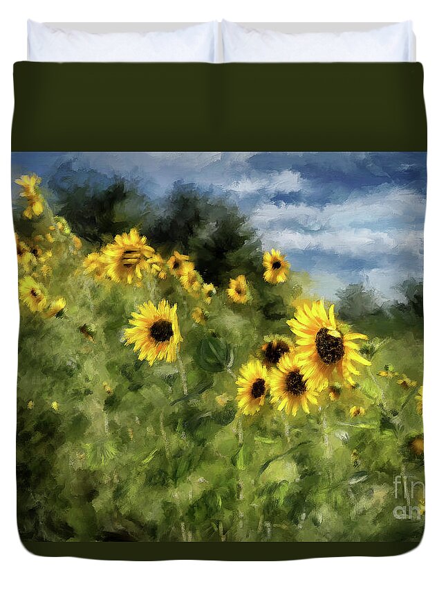 Sunflower Duvet Cover featuring the digital art Sunflowers Bowing And Waving by Lois Bryan