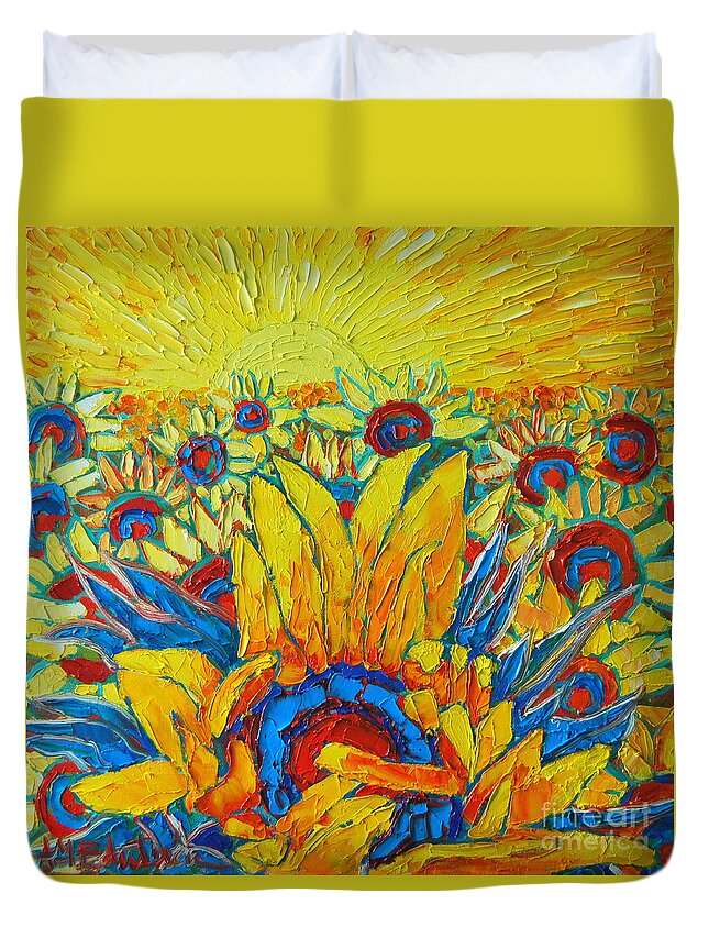 Sunflowers Duvet Cover featuring the painting Sunflowers Field In Sunrise Light by Ana Maria Edulescu