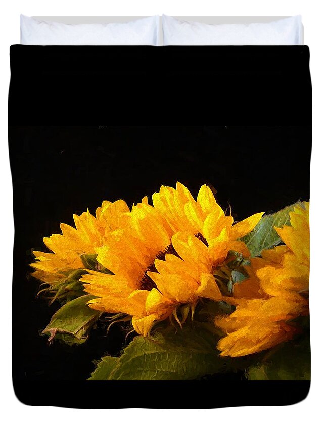 Flowers Duvet Cover featuring the digital art Sunflowers on a Black Background by Charmaine Zoe