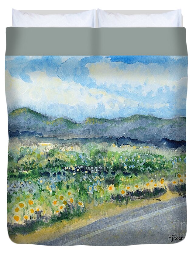 Acrylic On Paper Duvet Cover featuring the painting Sunflowers on the Way to the Great Sand Dunes by Holly Carmichael
