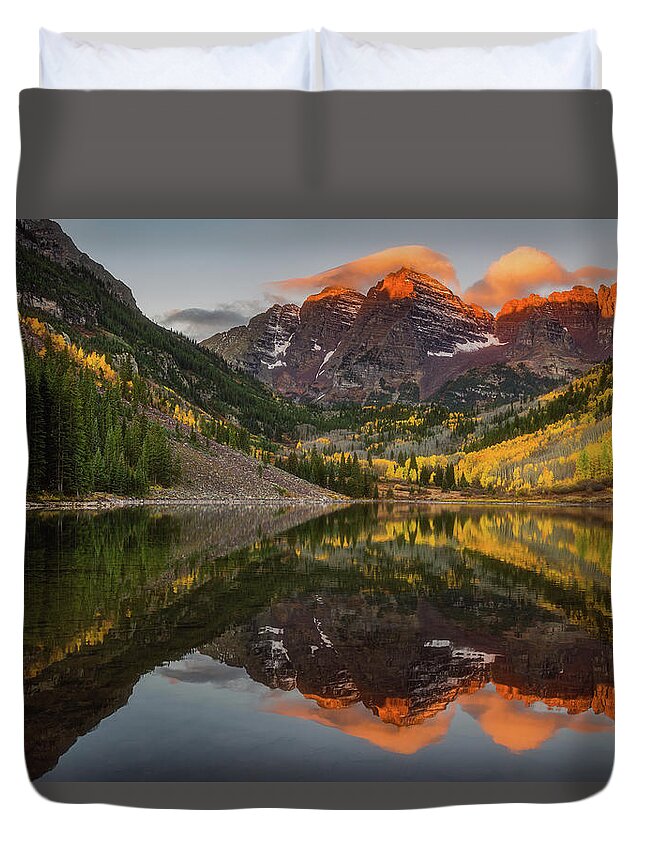Mountains Duvet Cover featuring the photograph Sunkissed Peaks by Darren White