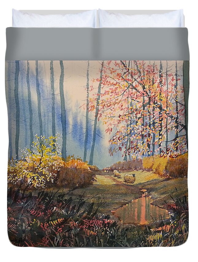Glenn Marshall Artist Duvet Cover featuring the painting Sunlight and Sheep in Sledmere Woods by Glenn Marshall