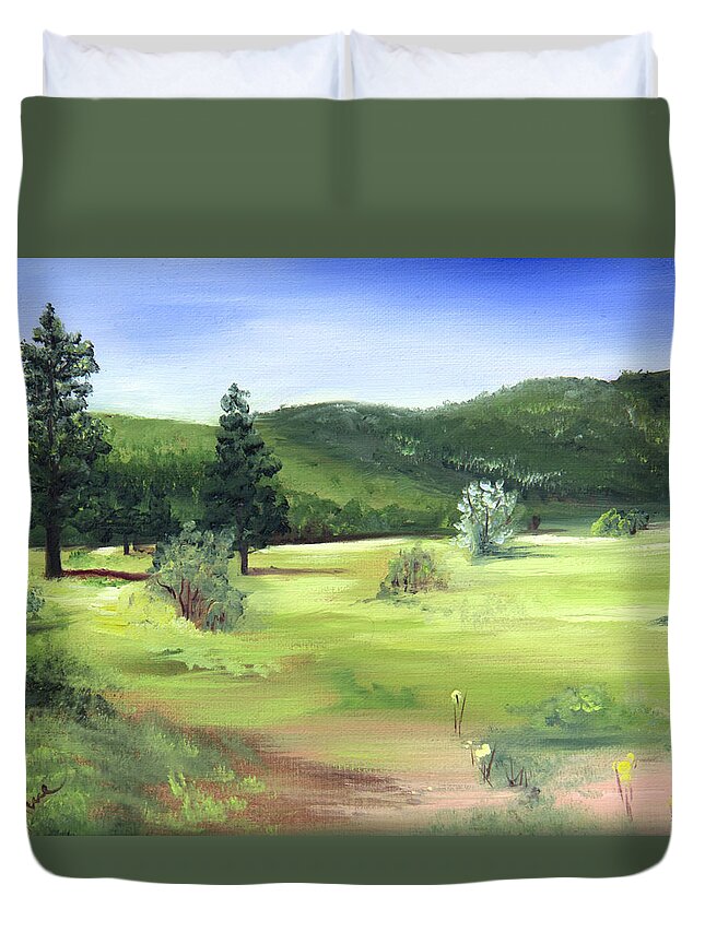 Sunlit Mountain Meadow Duvet Cover featuring the painting Sunlit Mountain Meadow by Nila Jane Autry