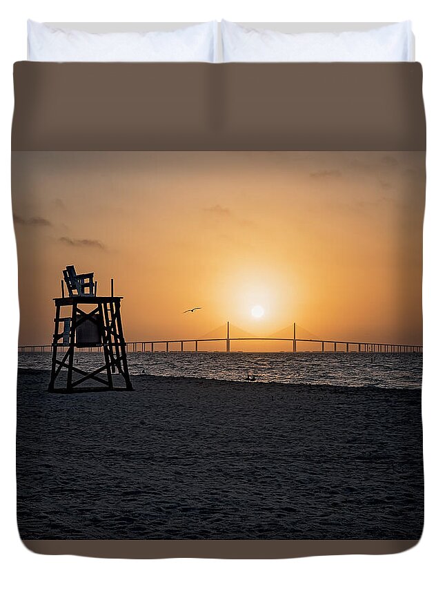 Sunrise Duvet Cover featuring the photograph Sunrise at the Skyway Bridge by Michael White