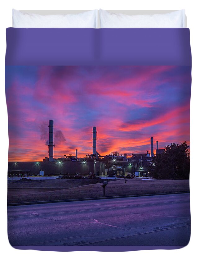 Sunrise Duvet Cover featuring the photograph Sunrise at Waupaca Foundry Plants 2 and 3 3-24-2018 by Thomas Young