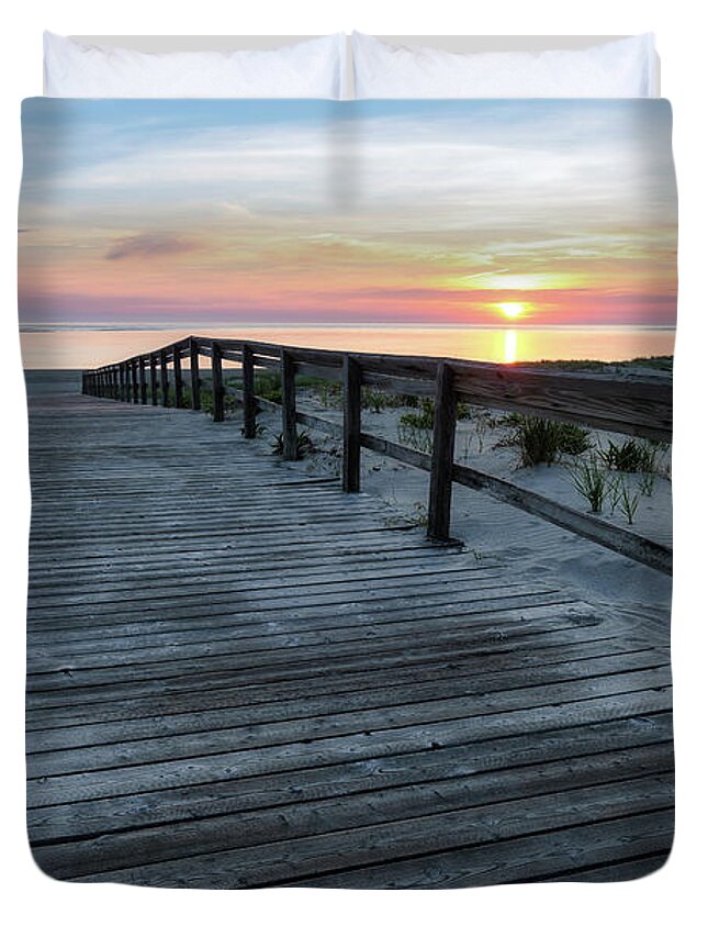 Sunrise Boardwalk Duvet Cover featuring the photograph Sunrise Boardwalk, Cranes Beach by Michael Hubley