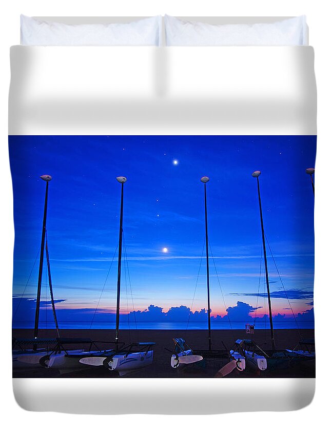 Astronomy Duvet Cover featuring the photograph Sunrise Catamarans Moon Planets by Lawrence S Richardson Jr