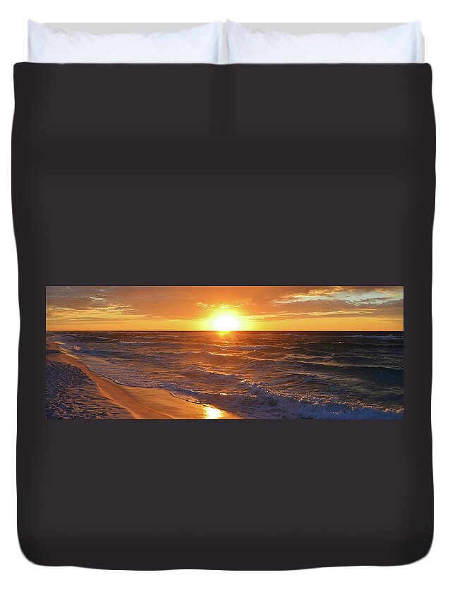 16 January 2012 Duvet Cover featuring the photograph Sunrise Colors of Navarre Beach Panoramic by Jeff at JSJ Photography
