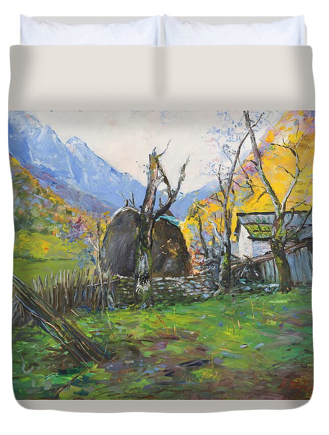 Sunrise Duvet Cover featuring the painting Sunrise, Dragobi, Albania by Sefedin Stafa
