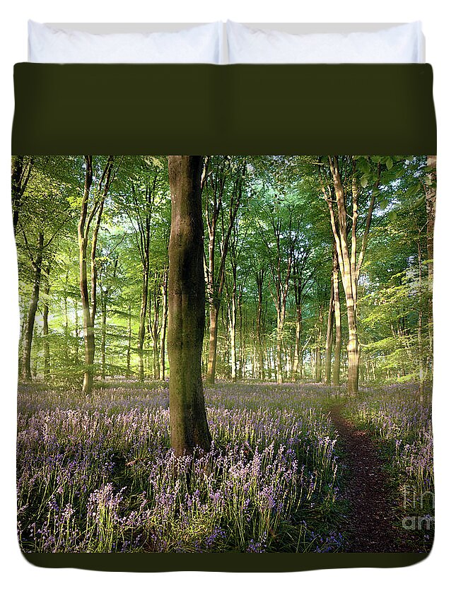 Norfolk Duvet Cover featuring the photograph Sunrise in Norfolk bluebell forest with little path by Simon Bratt