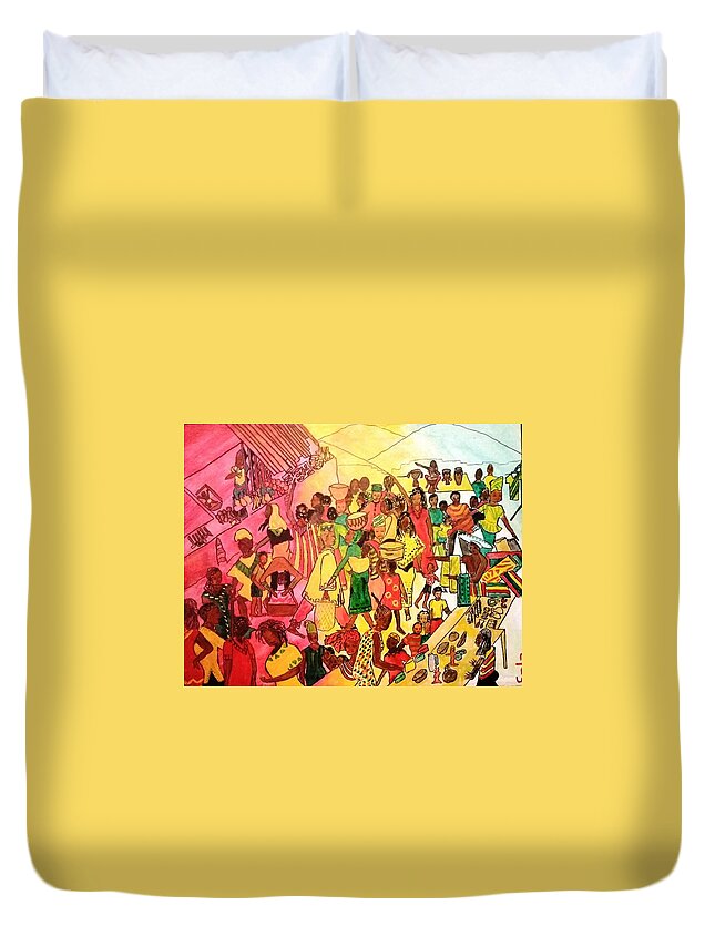 Colorful Duvet Cover featuring the painting Sunrise Market by Sala Adenike