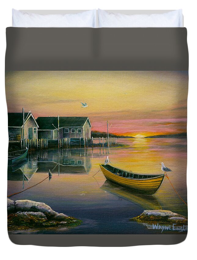 Fishing Village Duvet Cover featuring the painting Sunrise on Blue Rocks 2 by Wayne Enslow