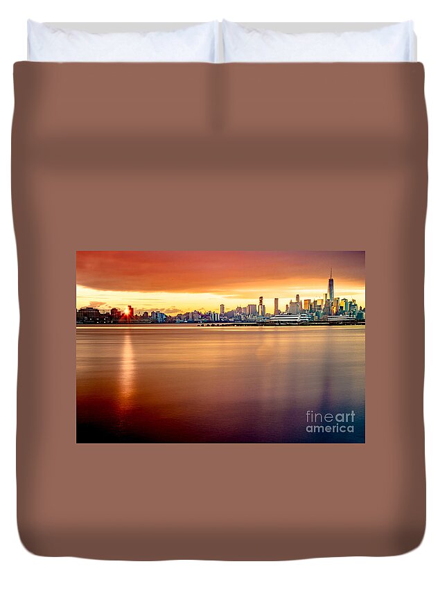 Sunrise Duvet Cover featuring the photograph Sunrise on the Weehawken Waterfront by Jim DeLillo