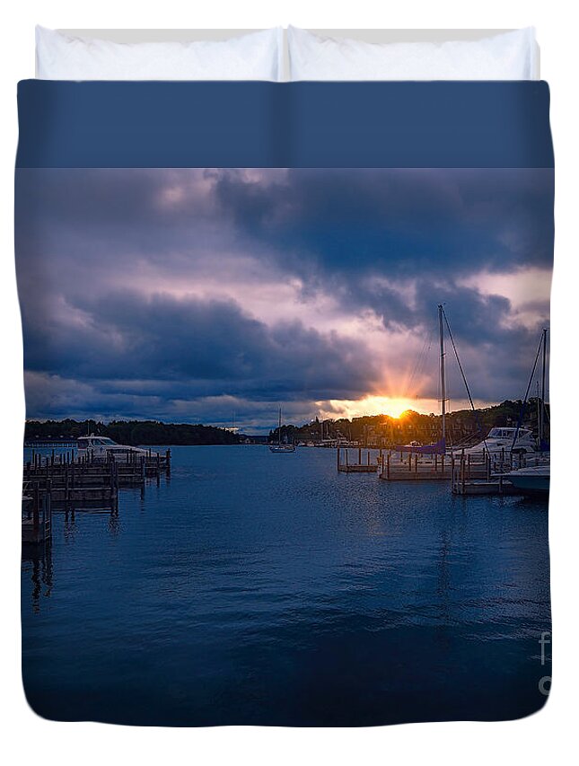 Sunrise Over Charlevoix Duvet Cover featuring the photograph Sunrise over Charlevoix by Rachel Cohen
