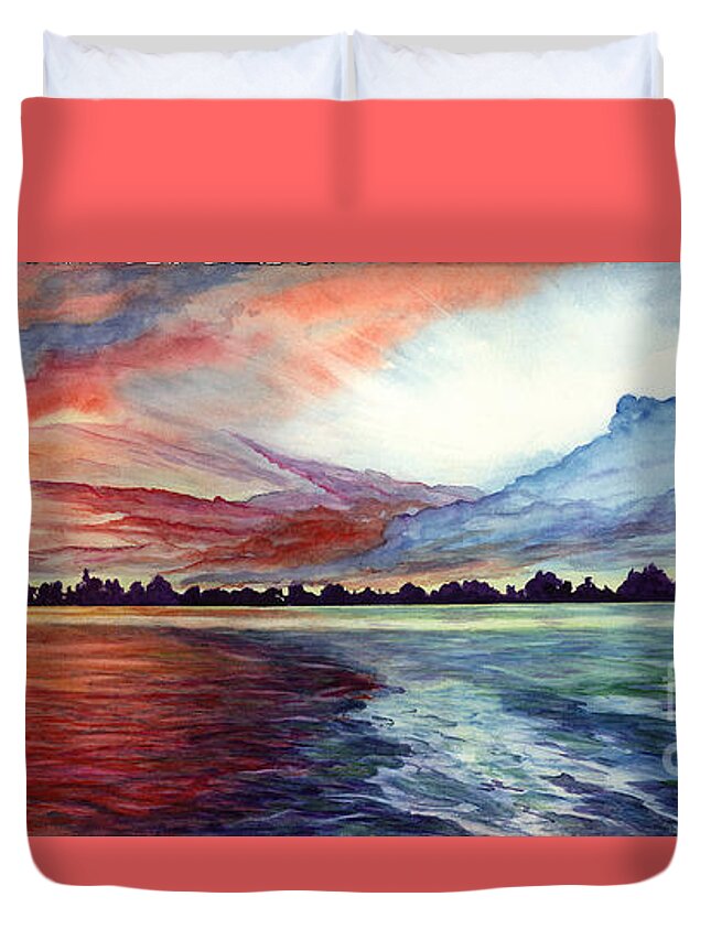 Sunrise Duvet Cover featuring the painting Sunrise Over Indian Lake by Nancy Cupp