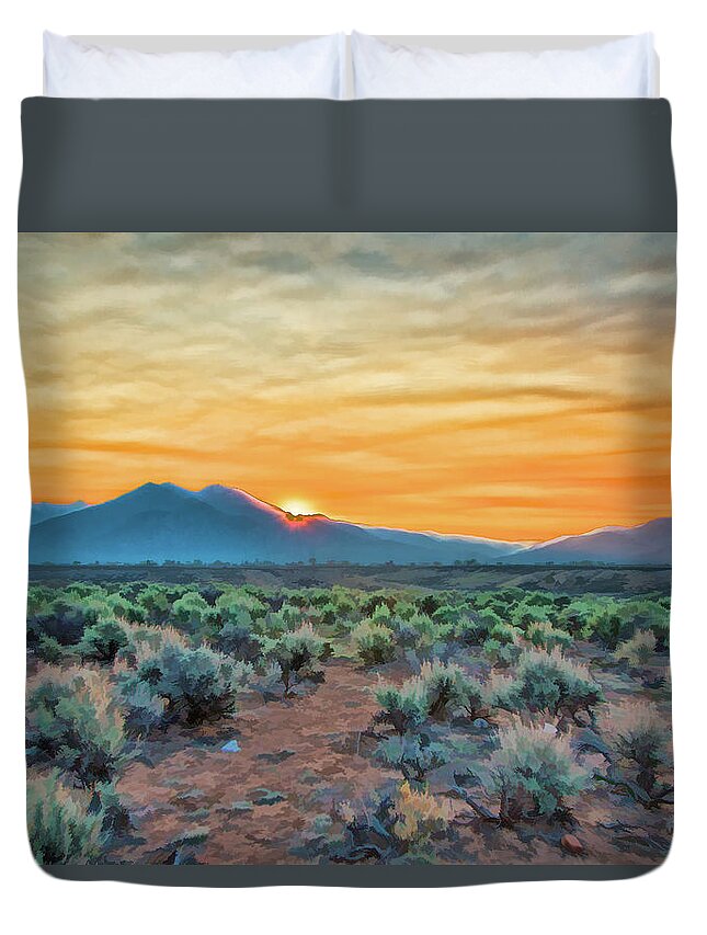  Santa Duvet Cover featuring the painting Sunrise over Taos by Charles Muhle