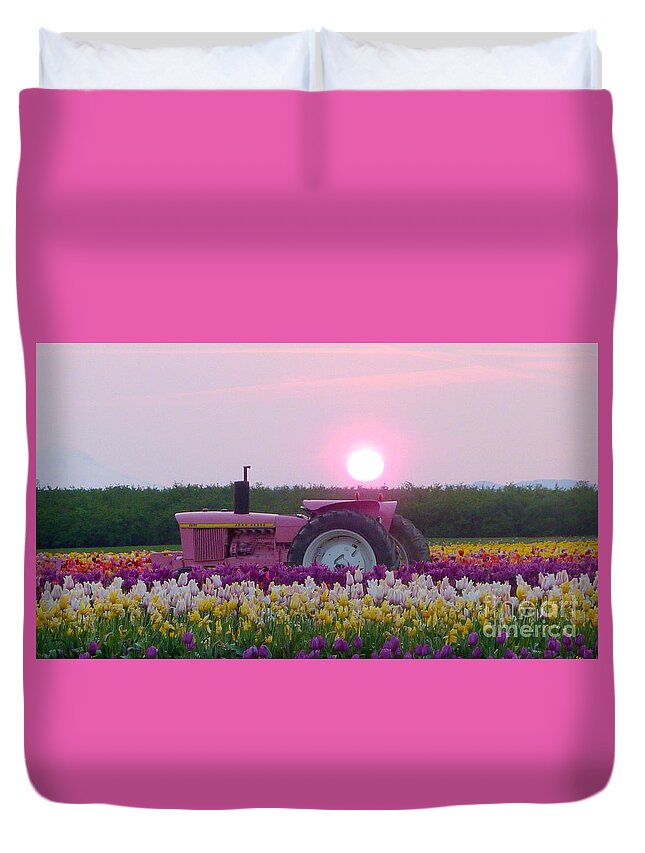 Sunrise Duvet Cover featuring the photograph Sunrise Pink Greets John Deere Tractor by Susan Garren