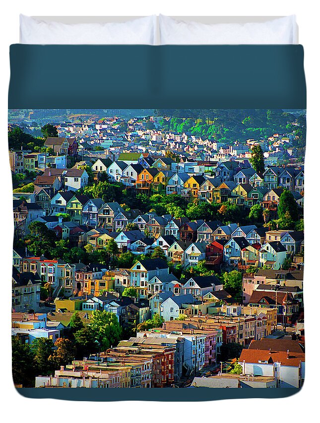 Noe Valley Duvet Cover featuring the digital art Sunrise View Noe Valley San Francisco California 1988, Dry Brush Style by Kathy Anselmo