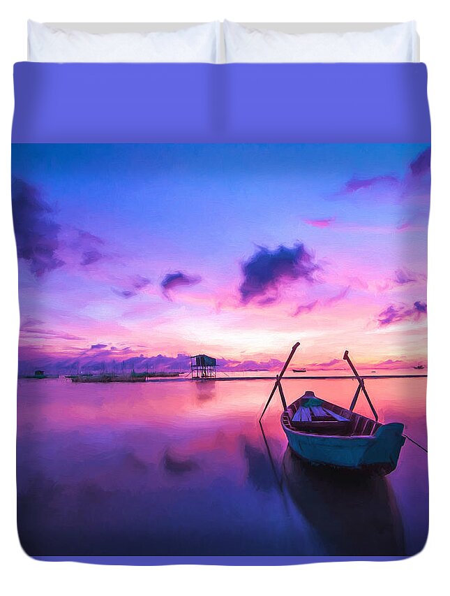Sunrise Phu Quoc Island Ocean Water Landscape Sky Pink Blue Painting Thailand Boat Sea Duvet Cover featuring the painting Sunrise by Vincent Monozlay