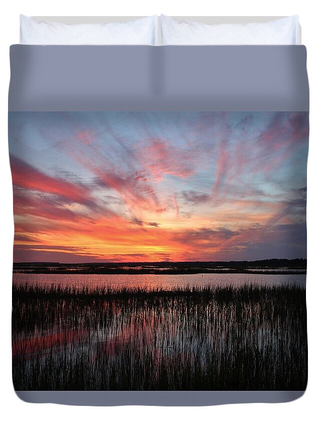 Sun Duvet Cover featuring the photograph Sunset And Reflections 2 by Cynthia Guinn