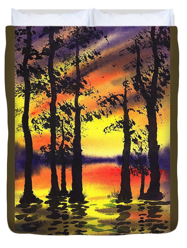 Sunset Duvet Cover featuring the painting Sunset And The Trees by Irina Sztukowski