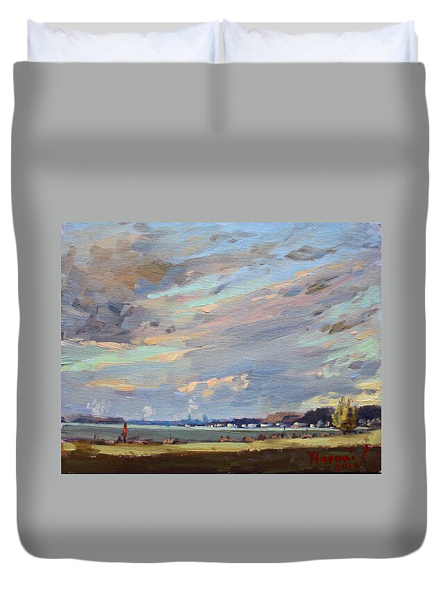 Sunset Duvet Cover featuring the painting Sunset at Gratwick Waterfront Park by Ylli Haruni