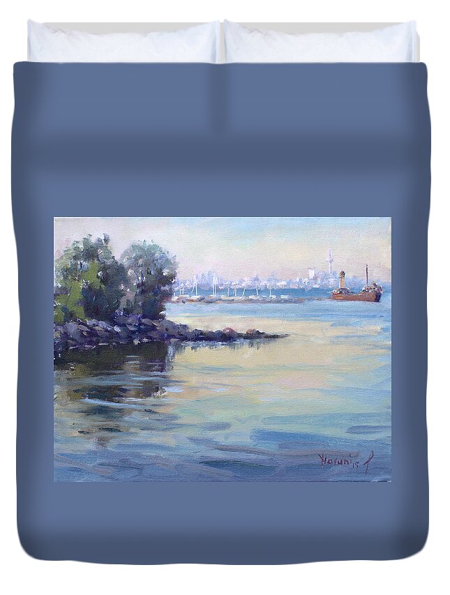 Sunset Duvet Cover featuring the painting Sunset at Lake Ontario by Ylli Haruni