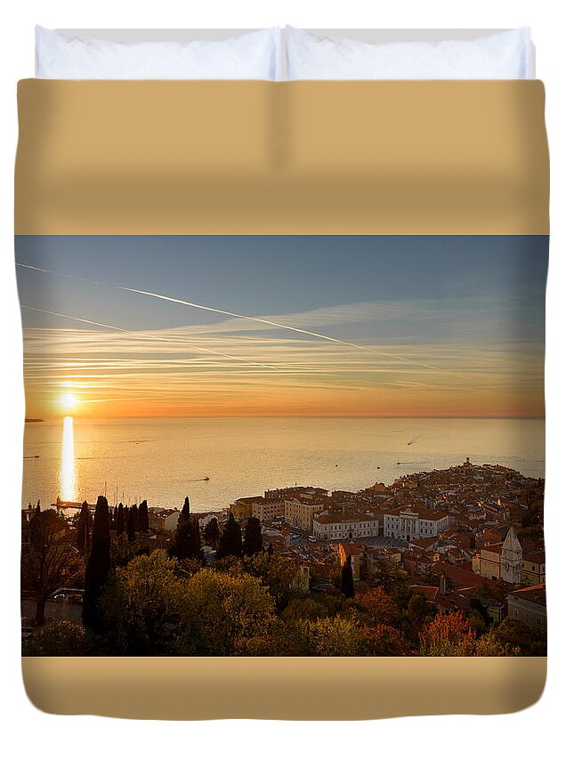 Piran Duvet Cover featuring the photograph Sunset at Piran by Robert Krajnc