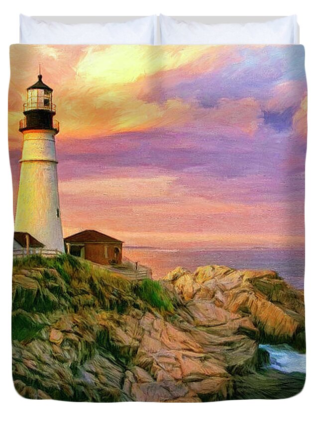 Sunset At Portland Head Duvet Cover featuring the painting Sunset at Portland Head by Dominic Piperata