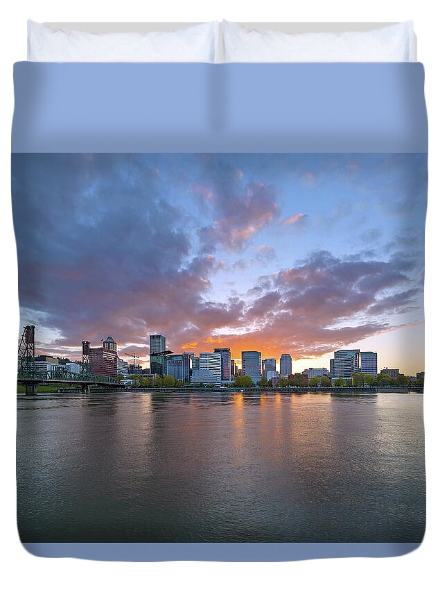 Sunset Duvet Cover featuring the photograph Sunset at Portland Oregon Waterfront by David Gn