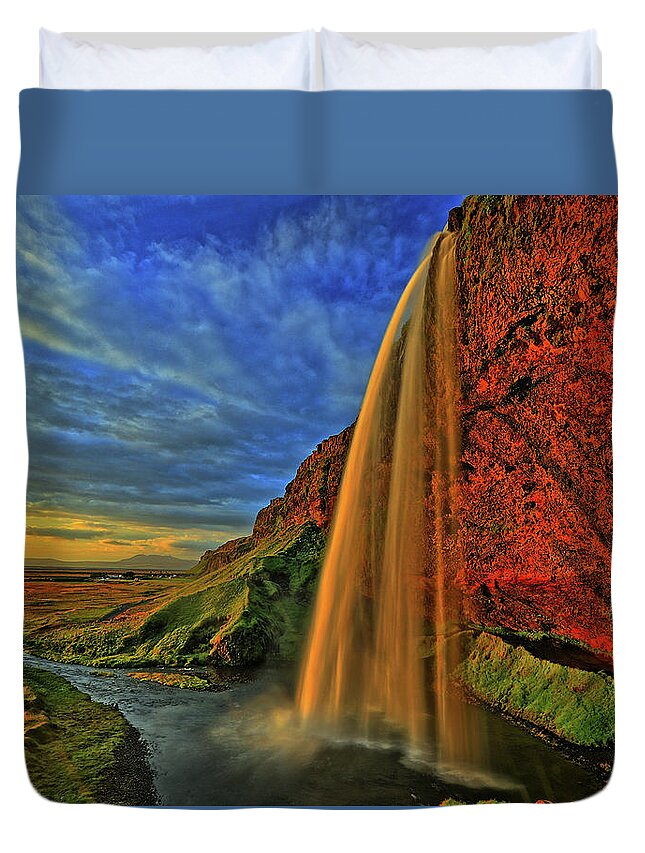 Foss Duvet Cover featuring the photograph Sunset at the Falls by Scott Mahon