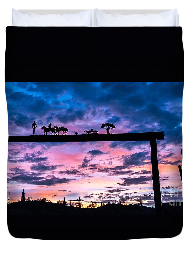 Western Duvet Cover featuring the photograph Sunset at the Ranch by Leo Bounds