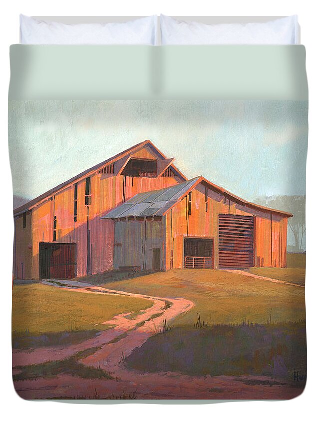 Michael Humphries Duvet Cover featuring the painting Sunset Barn by Michael Humphries