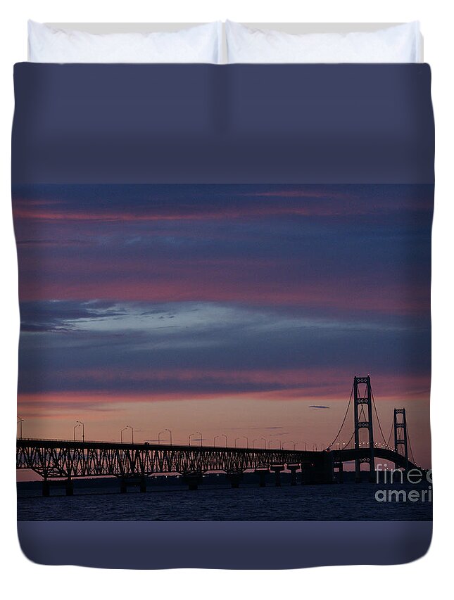 Mackinaw City Duvet Cover featuring the photograph Sunset Bridge by Linda Shafer