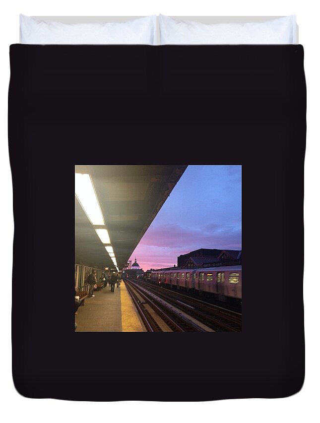 Pink Duvet Cover featuring the photograph #sunset #brooklyn #williamsburg #subway by Stefka Ilieva