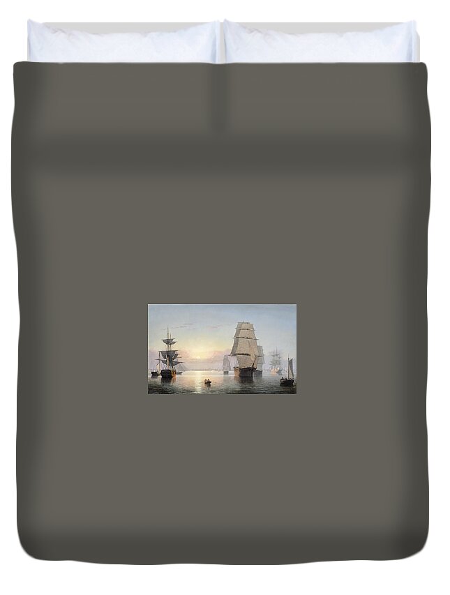 Boston Harbor Duvet Cover featuring the painting Sunset by Fitz Henry
